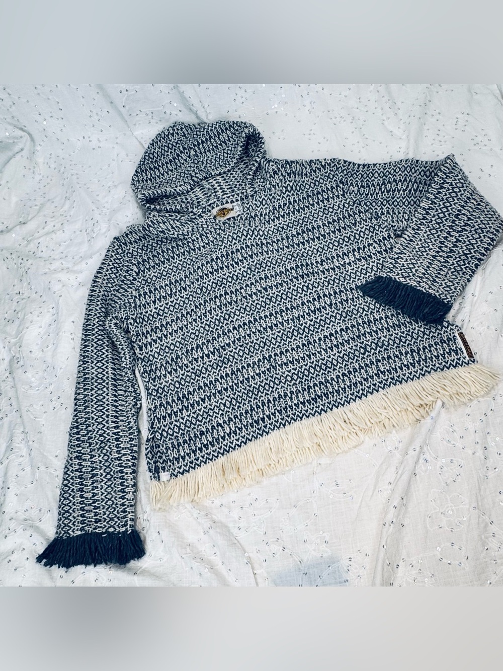 Vintage 90s Earth Ragz Baja Hoodie XL Navy Cream Fringe Drug Rug Pullover
